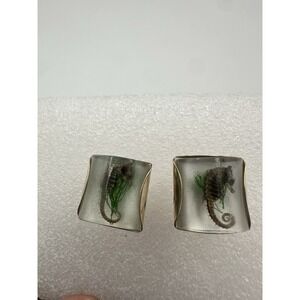 Vintage Sealife In Lucite Dome Goldtone Screw Back Earrings